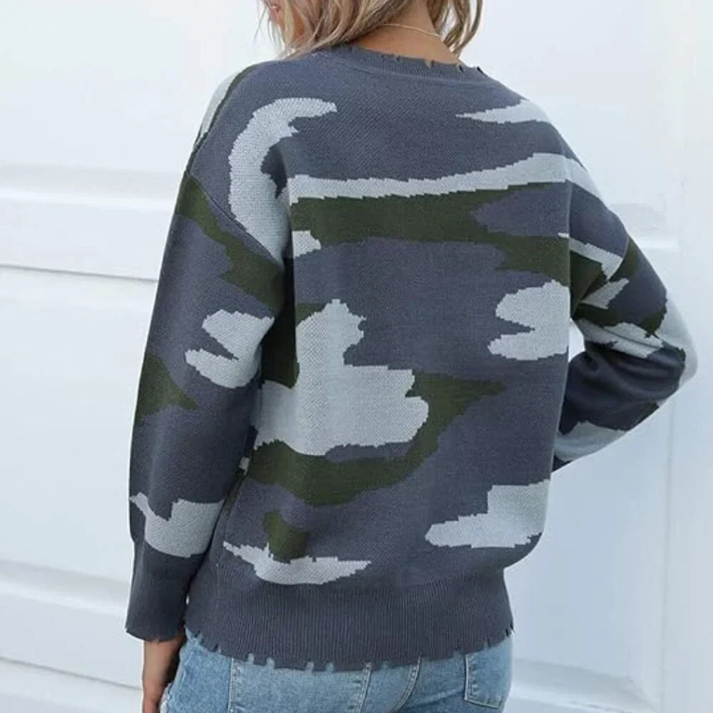 Camouflage Print Distressed Crew Neck Long Sleeve Sweater